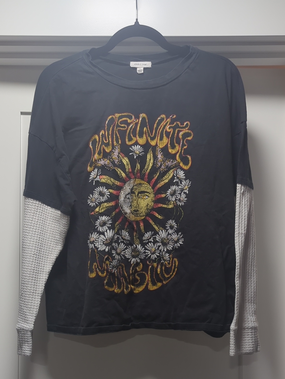Stitch & Pine Black Layered Long-Sleeve Graphic Tee with White Waffle Sleeves